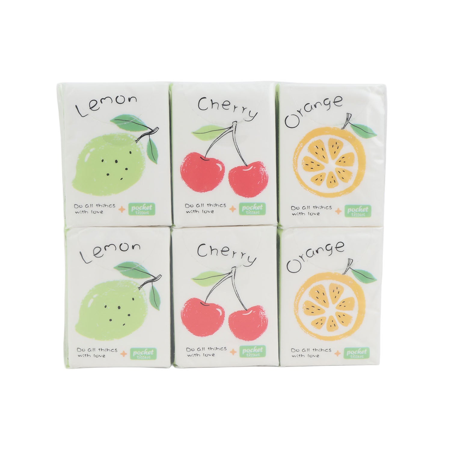 Fruit mini paper handkerchiefs (lemon, cherry, orange) in 6-pack