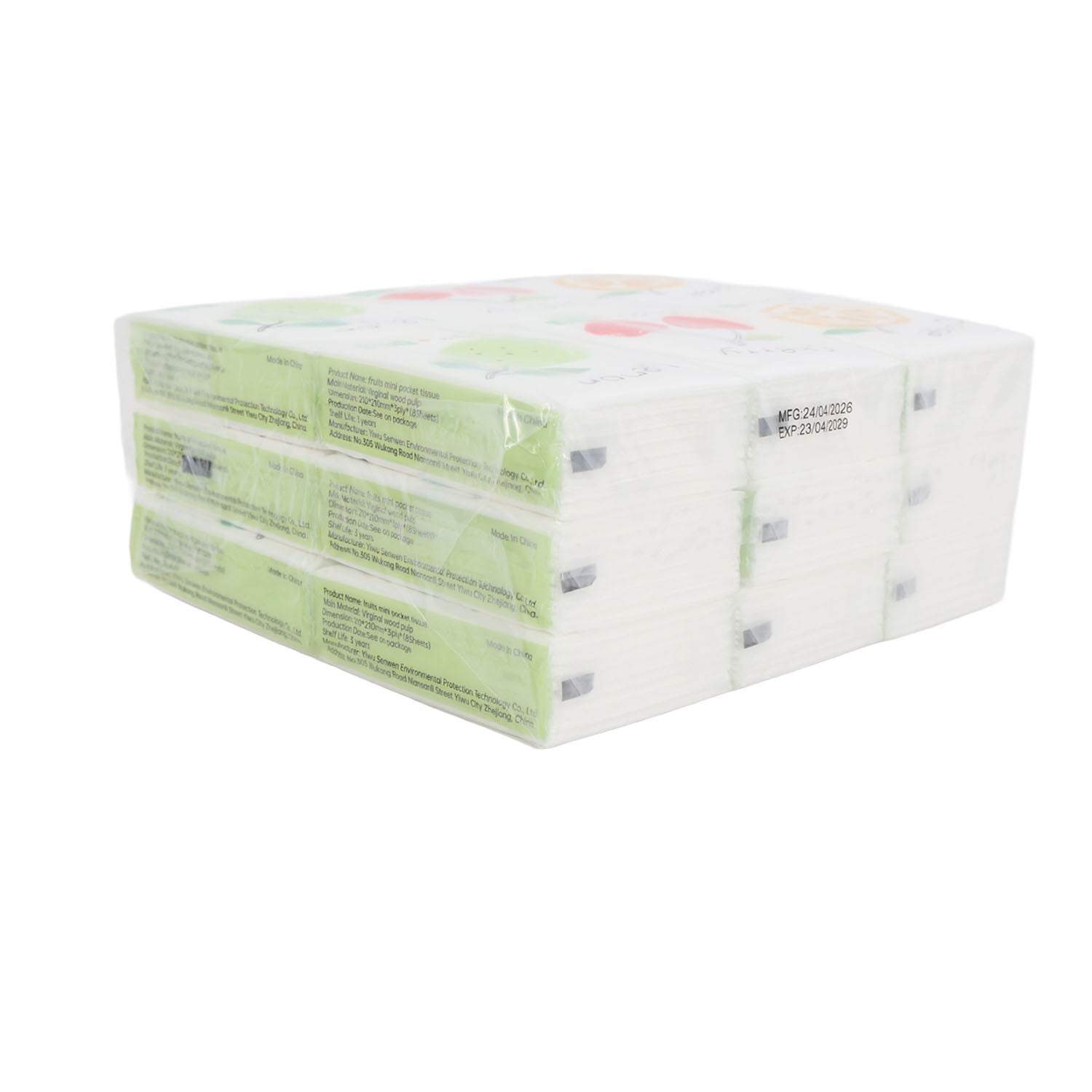 Packaged mini paper handkerchiefs with green fruit-theme panels, cube stack