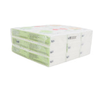 Packaged mini paper handkerchiefs with green fruit-theme panels, cube stack