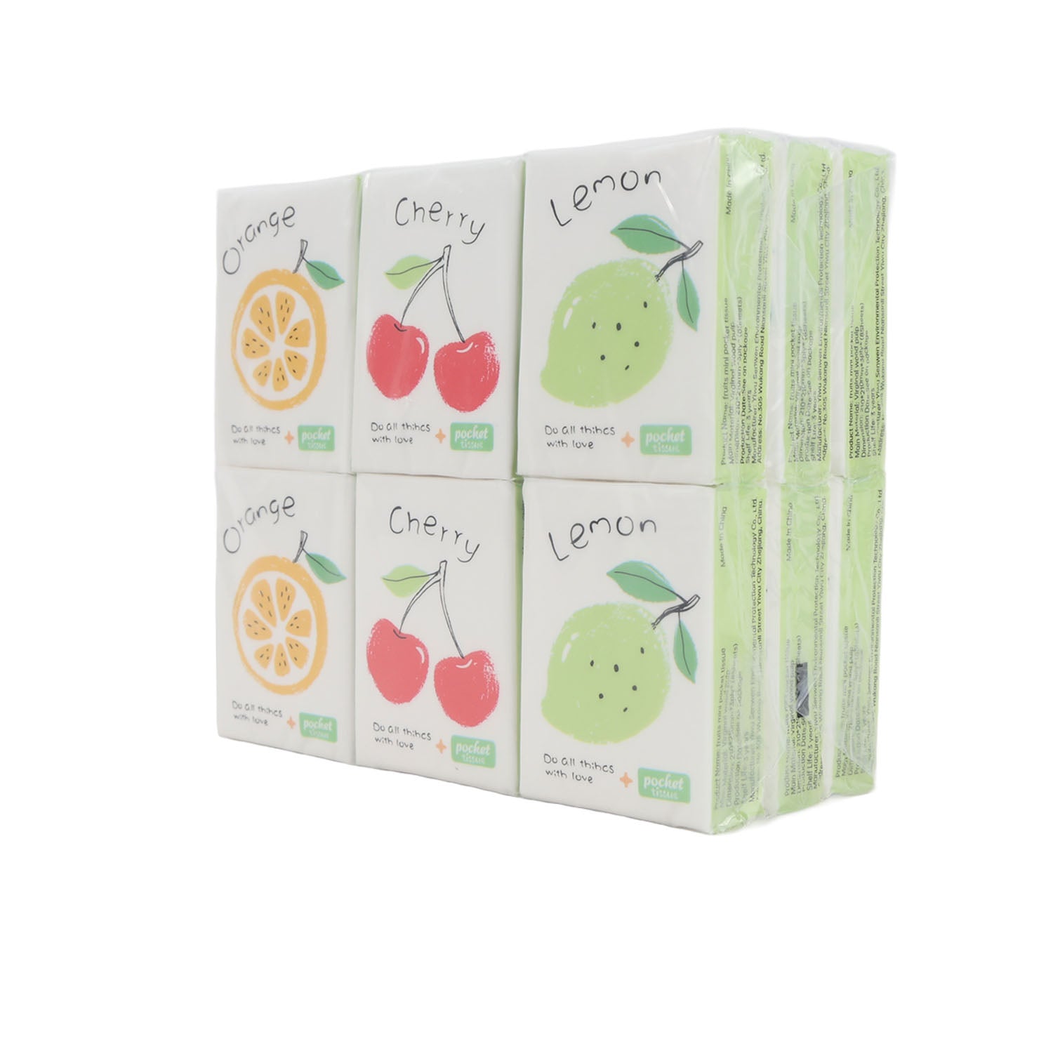 Stacked fruit-themed mini paper handkerchiefs, lemon, cherry, and orange prints