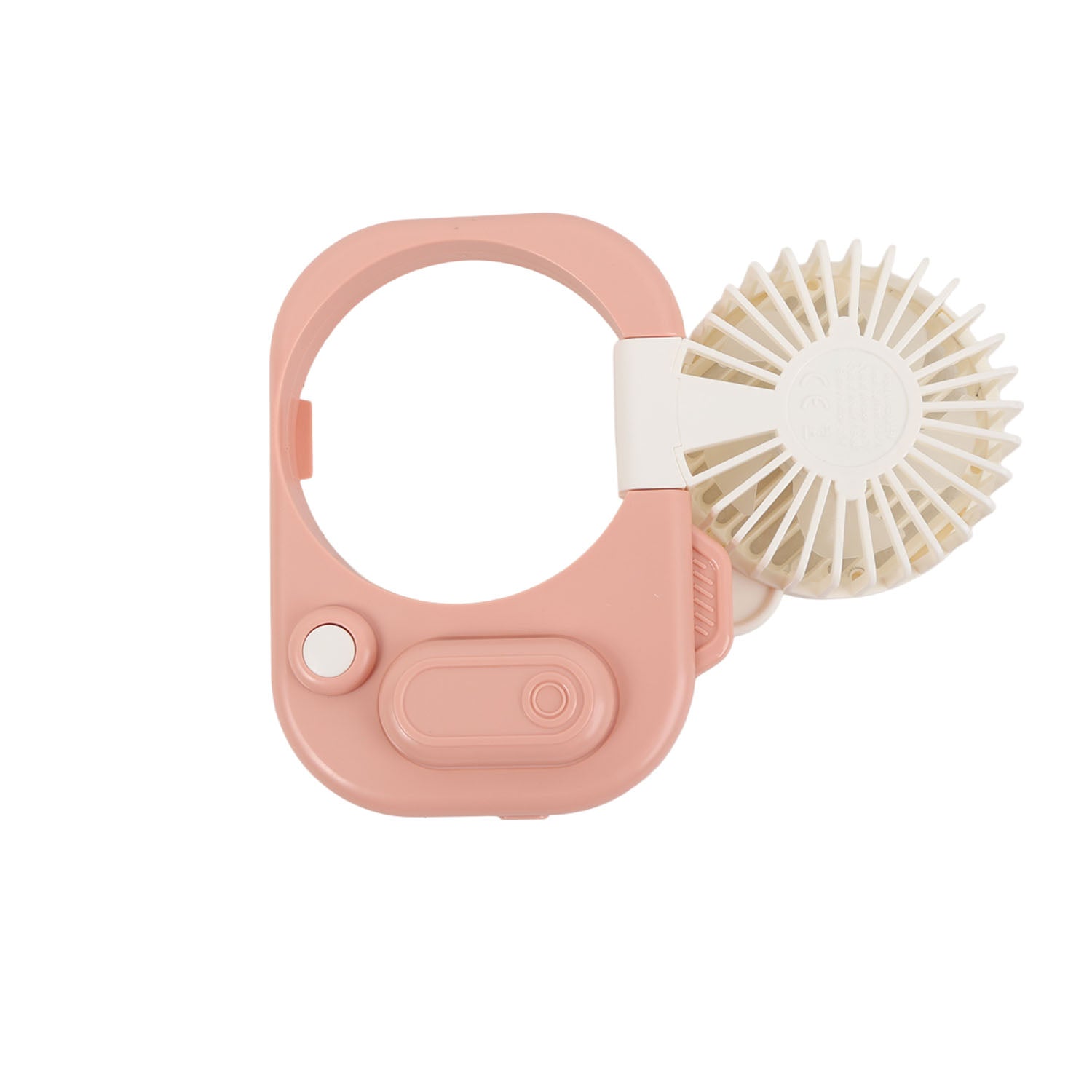 Pink and white camera-shaped handheld fan with circular grille and side controls