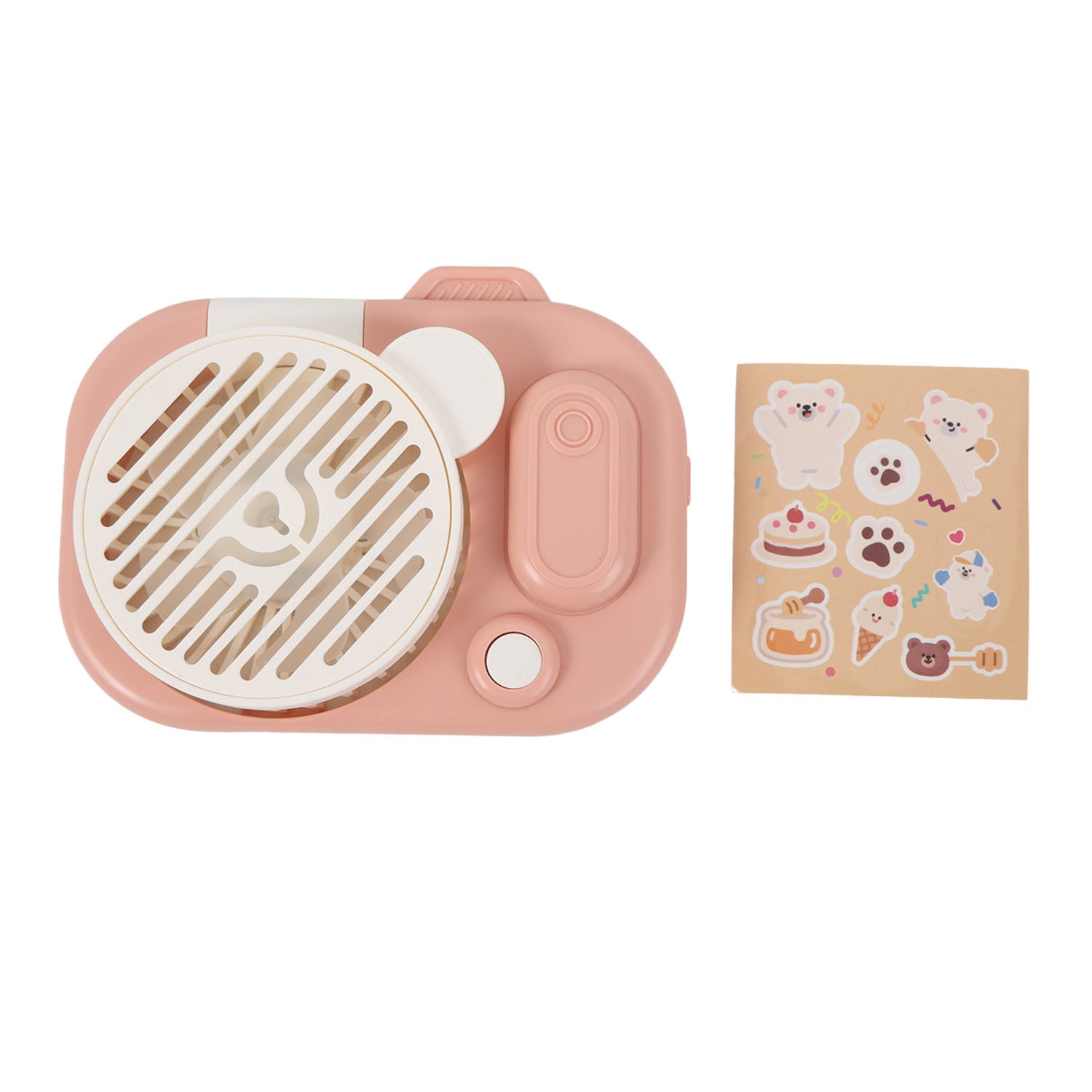 Pink camera-shaped handheld fan with round front grille and included sticker sheet