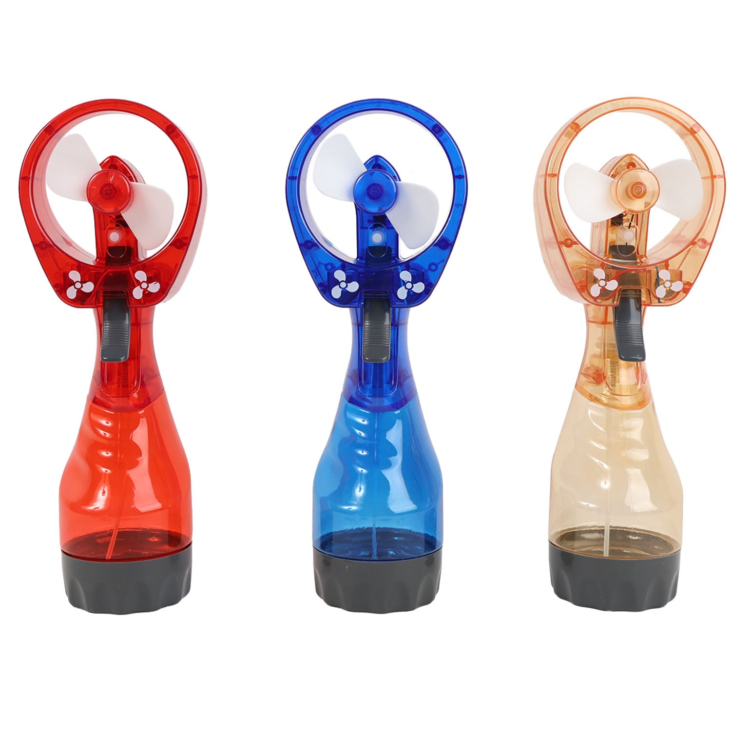 Set of misting water fans in red, blue, and orange with circular fan guards