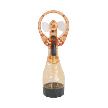 Orange misting water fan with circular fan guard and translucent bottle-style body