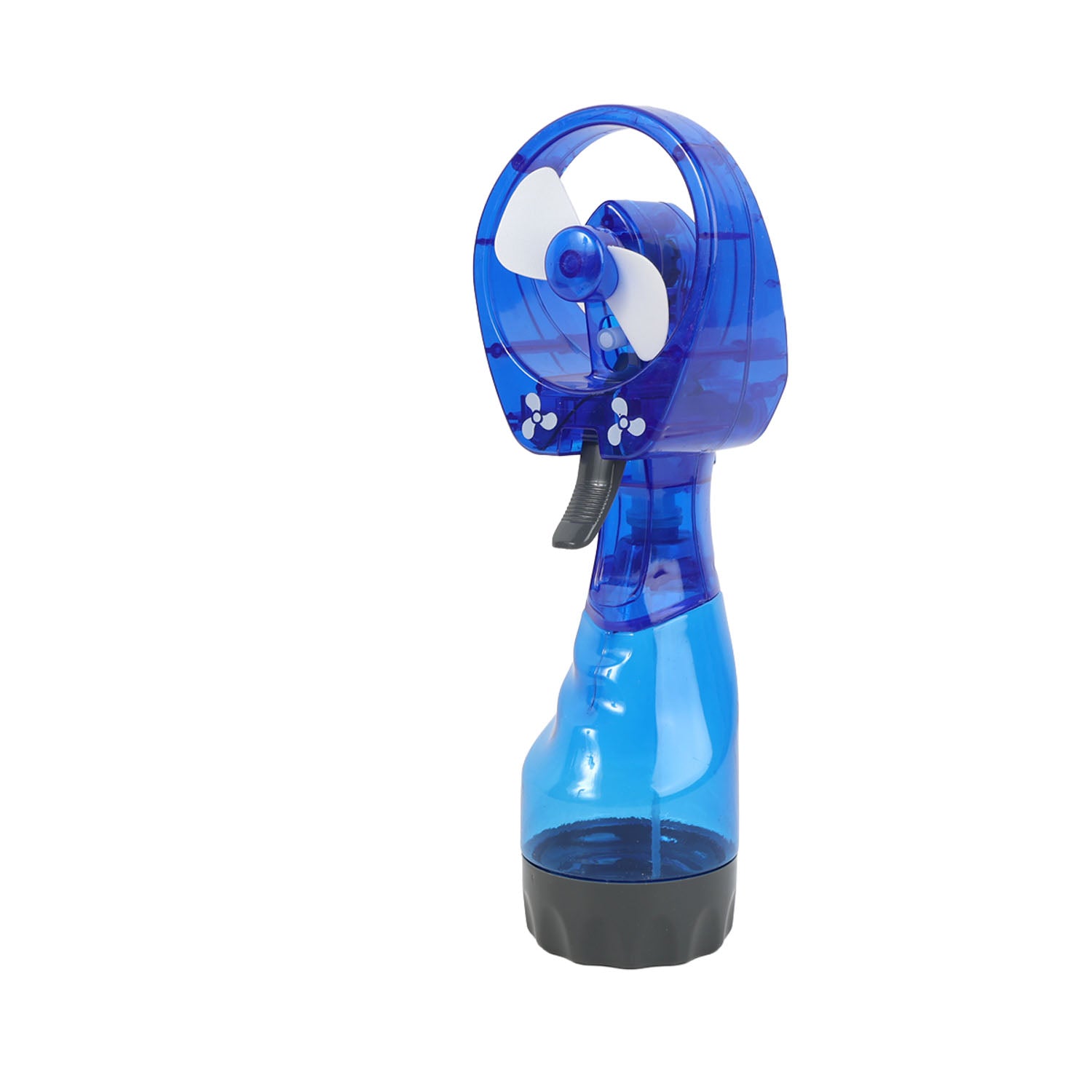 Blue misting water fan with circular fan guard and translucent bottle-style body