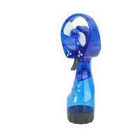 Blue misting water fan with circular fan guard and translucent bottle-style body