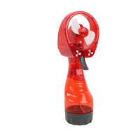 Red misting water fan with circular fan guard and translucent handle body