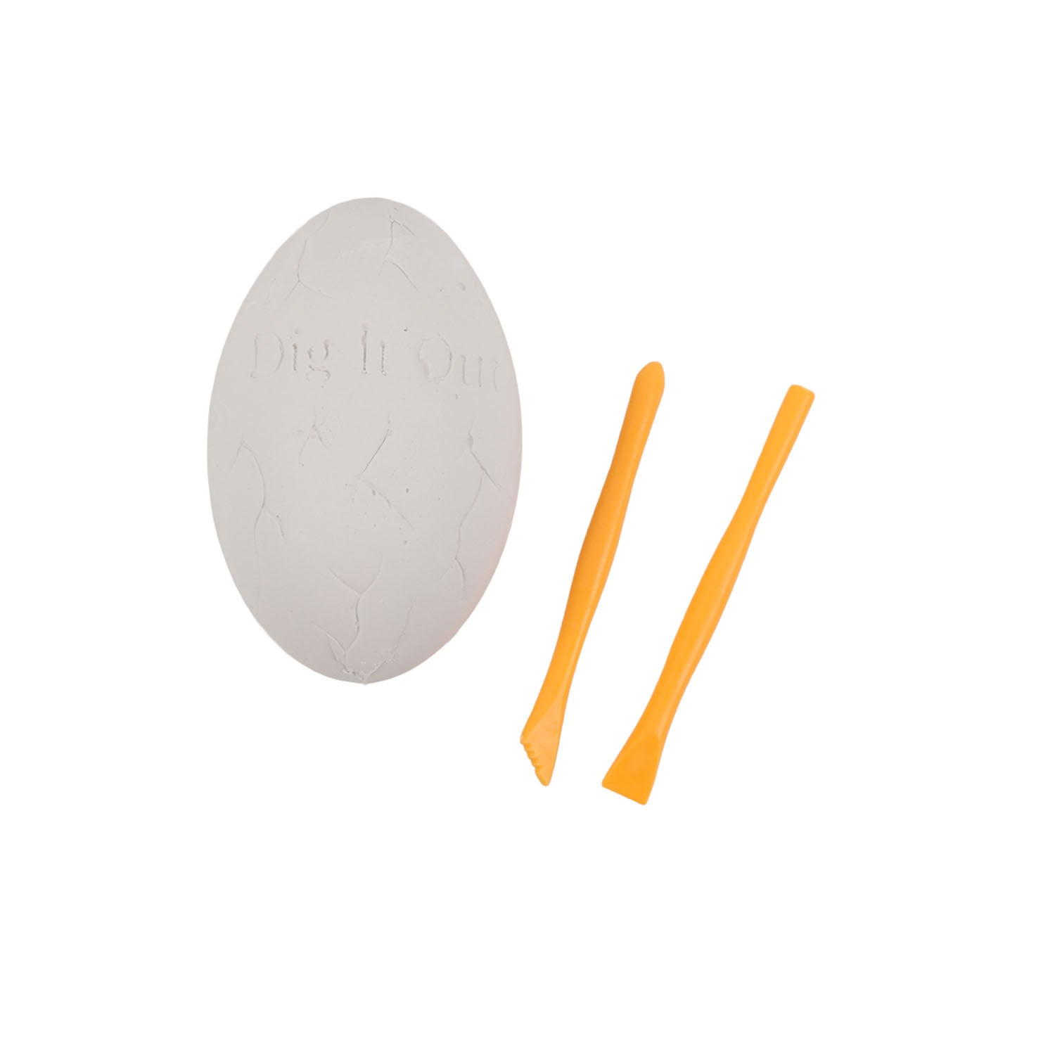 Fossil digging kit with gray oval stone and two orange digging tools