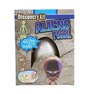 Alien fossil discovery kit box with glowing dark dig graphic and purple alien fossil