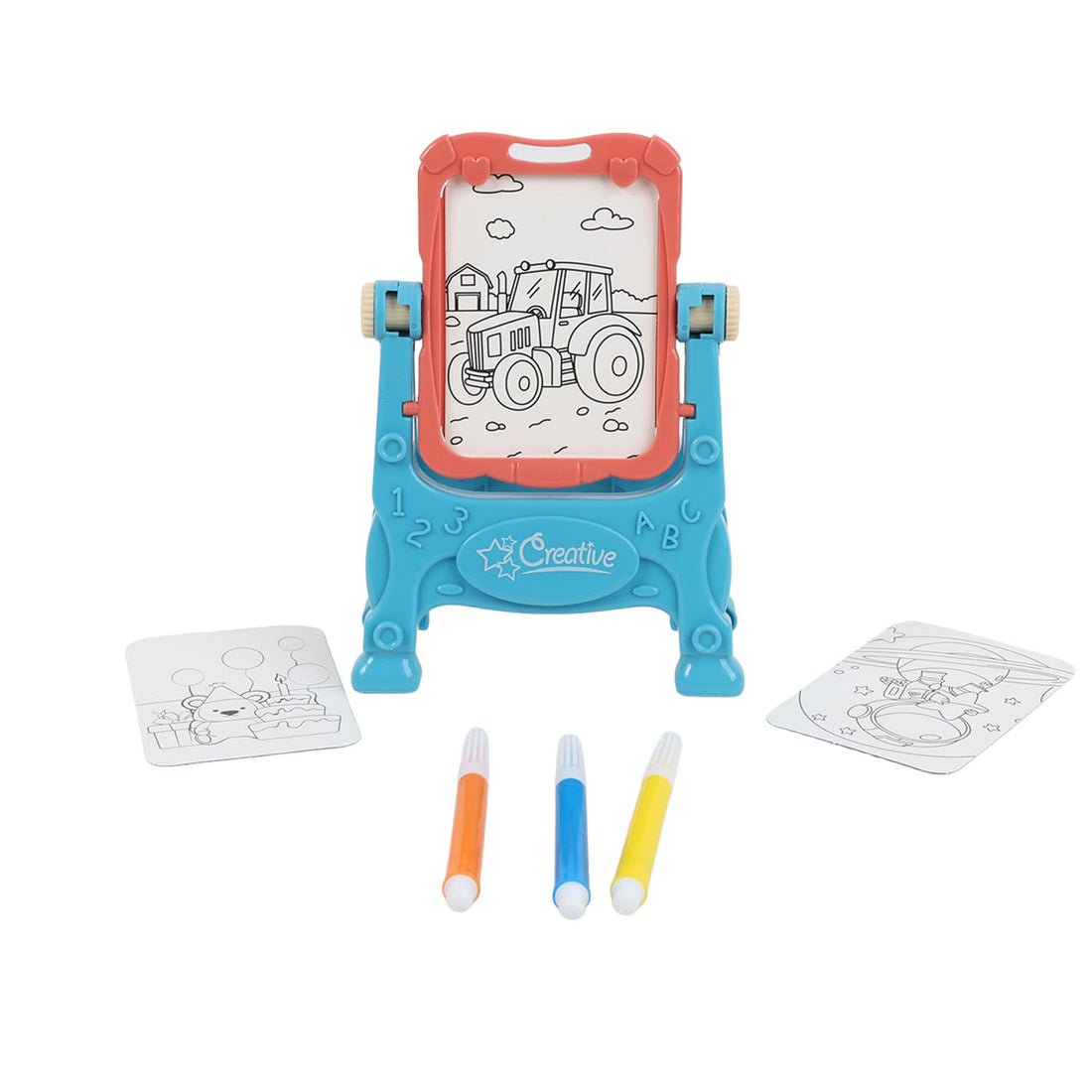 Mini easel drawing kit with blue base, red board, 2 stencils, and 3 markers