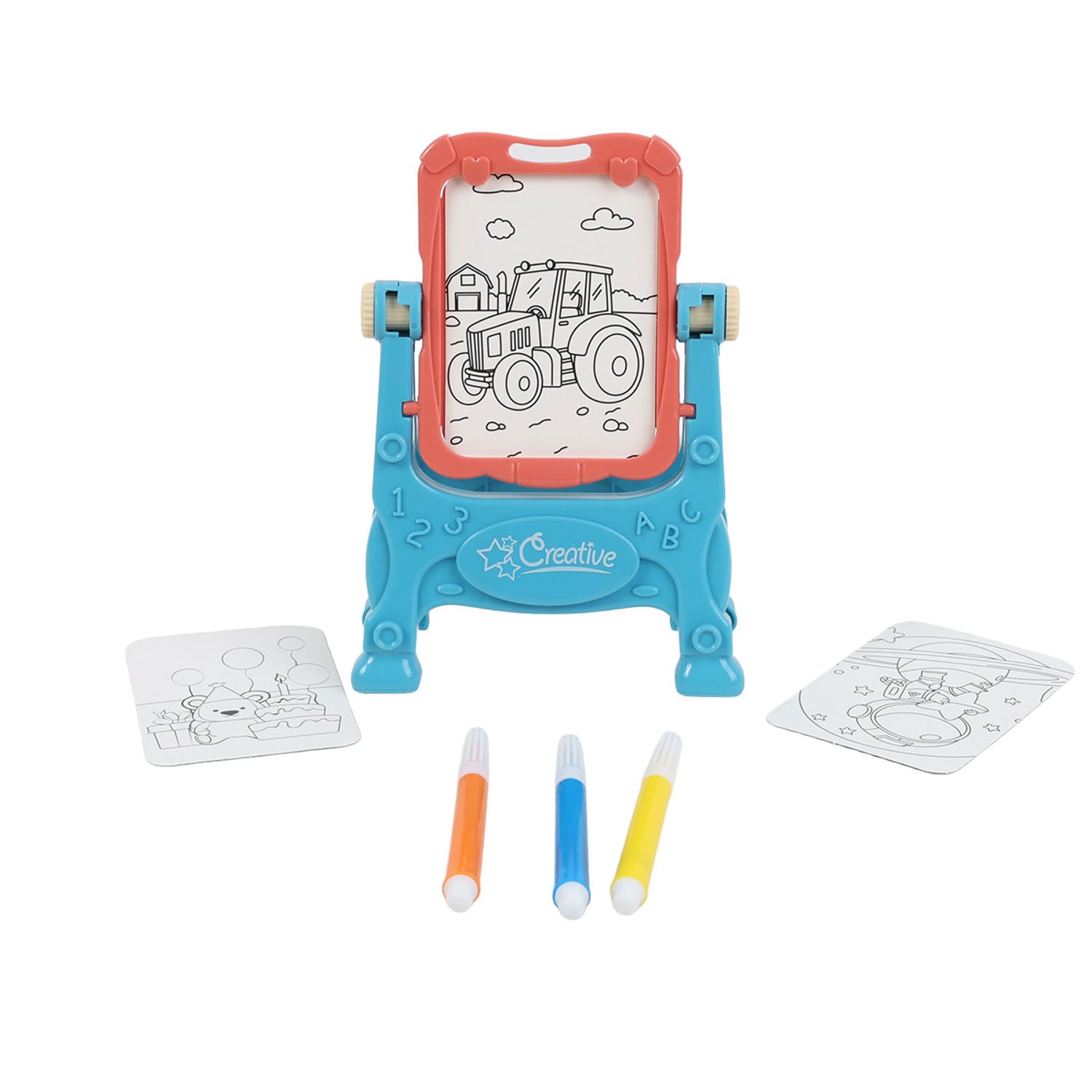 Mini easel drawing kit with blue base, red board, 2 stencils, and 3 markers
