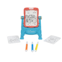 Mini easel drawing kit with blue base, red board, 2 stencils, and 3 markers