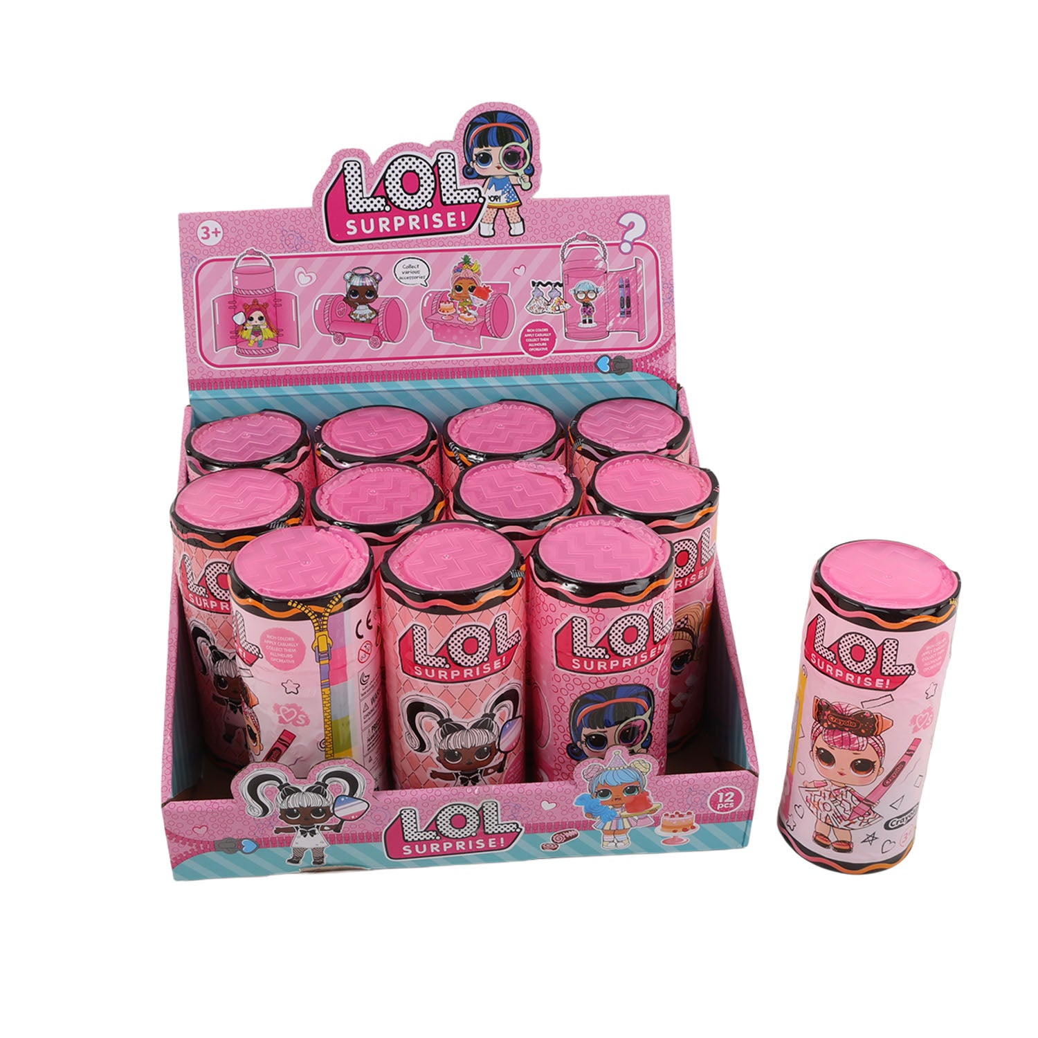 Doll salon cup display with multiple pink cans and character labels