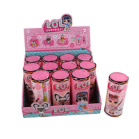 Doll salon cup display with multiple pink cans and character labels