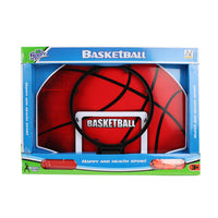 Toy basketball hoop set in box with red hoop, net, and orange ball