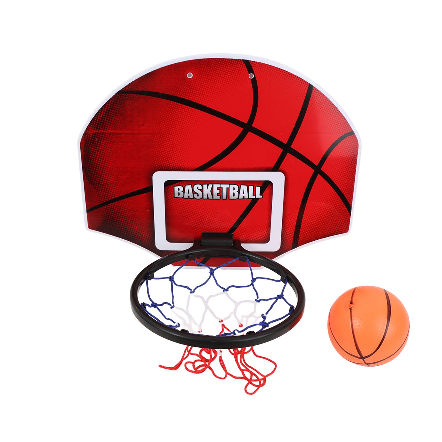 Basketball hoop with white net, red backboard, and orange ball