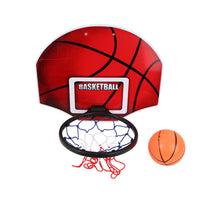 Basketball hoop with white net, red backboard, and orange ball