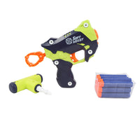 Soft bullet gun toy in green, black, and orange with darts and spare ammo