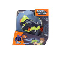 Soft bullet gun toy with orange and green body, blue darts, in retail box