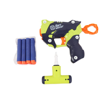 Soft bullet gun toy with blue foam dart pack and small green accessory