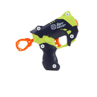 Soft bullet gun toy with green top, black grip, and orange handle ring