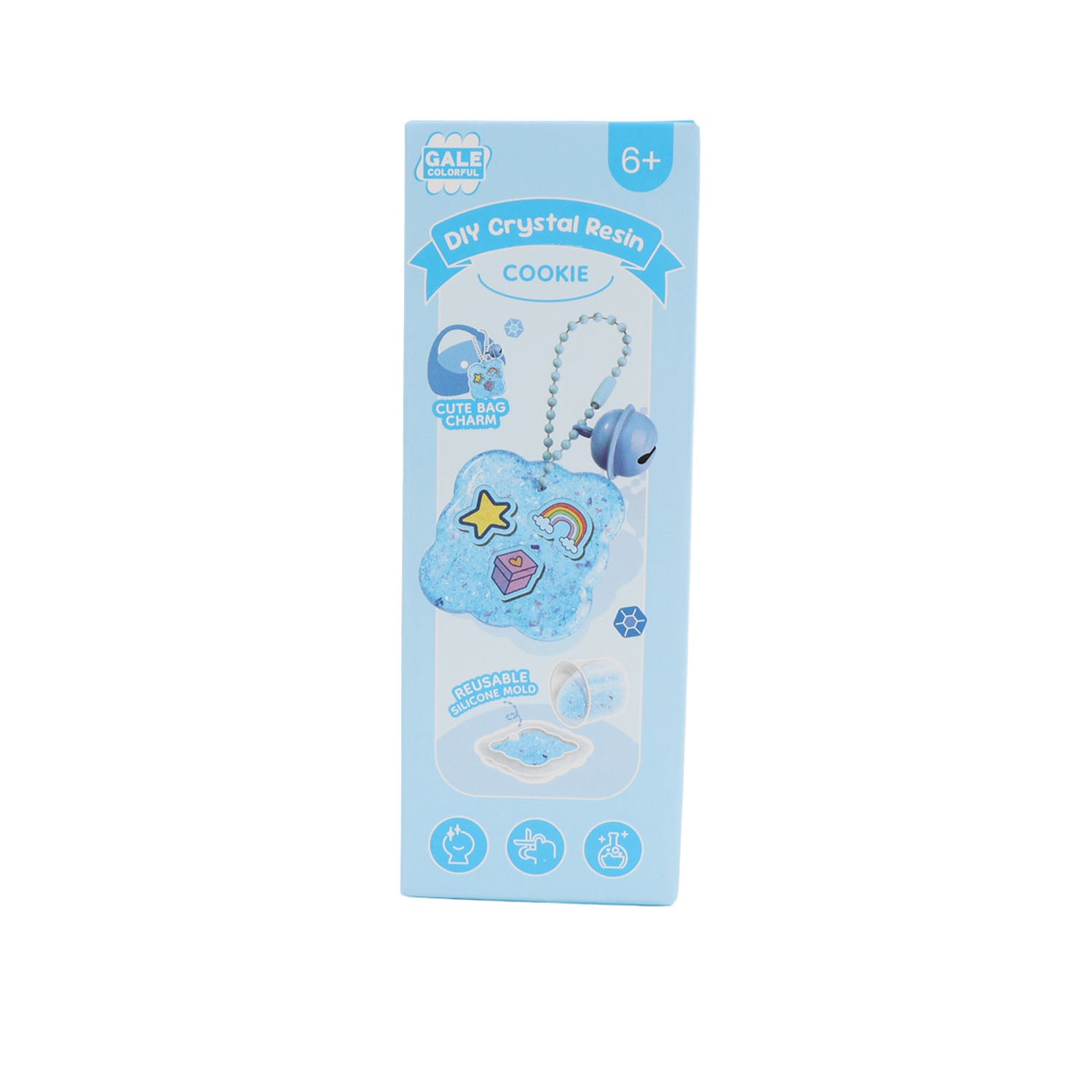 Blue DIY crystal resin charm kit box with pendant chain and cookie shape charms