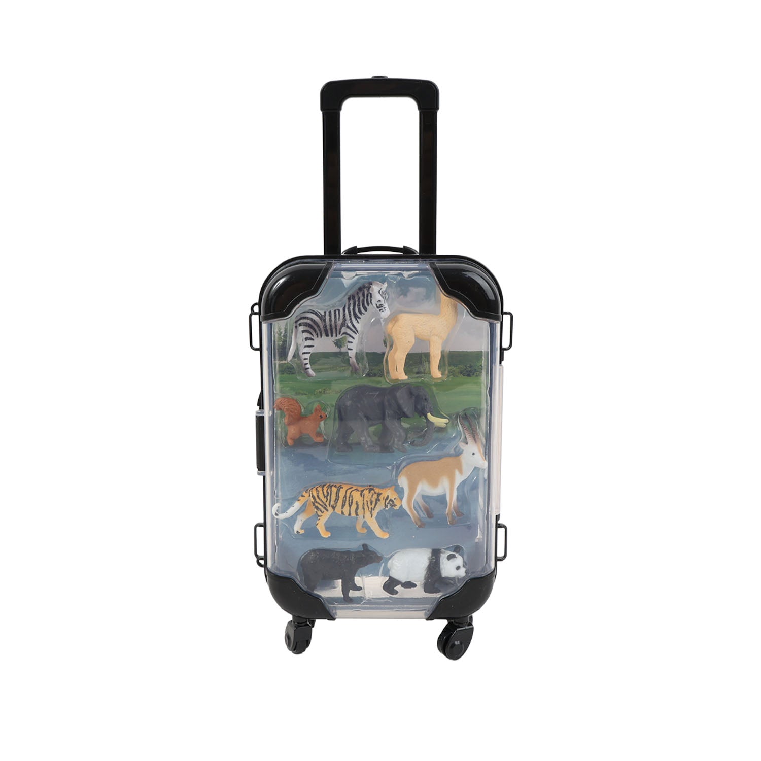 Suitcase toy with clear window front showing six wild animal figurines