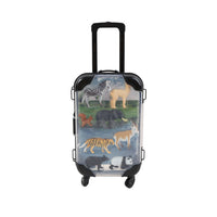 Suitcase toy with clear window front showing six wild animal figurines