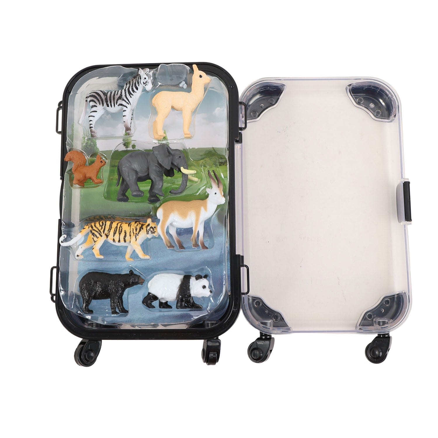 Suitcase case opened with six wild animal figurines inside, clear top