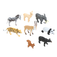 Wild animal toy figures set, including zebra, tiger, rhino, and panda