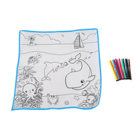 Ocean world kids doodle cloth 50x50 cm, blue-edged ocean animal line art