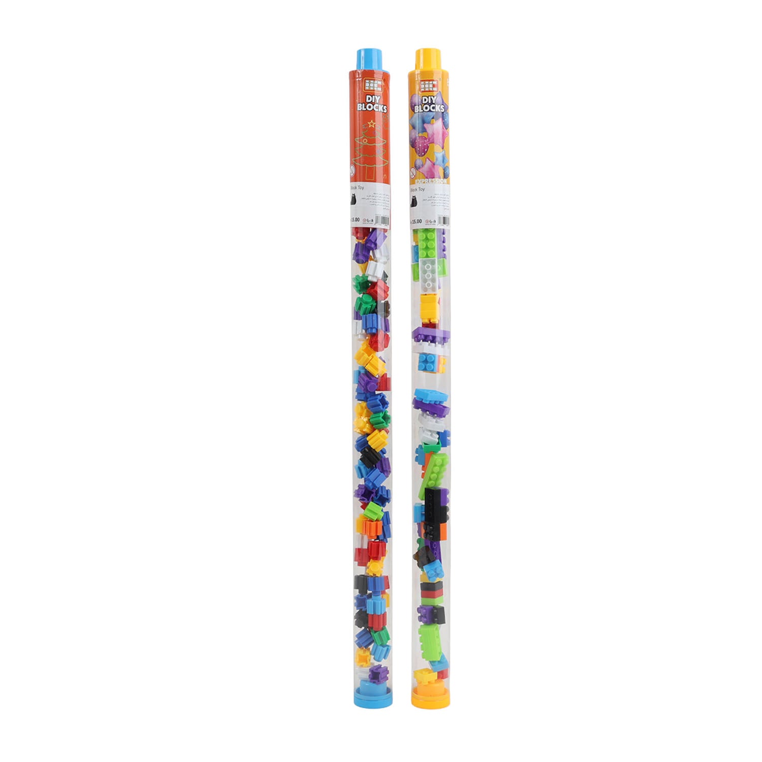 Medium building sticks set, two clear tubes with yellow and blue caps filled with colorful pieces.