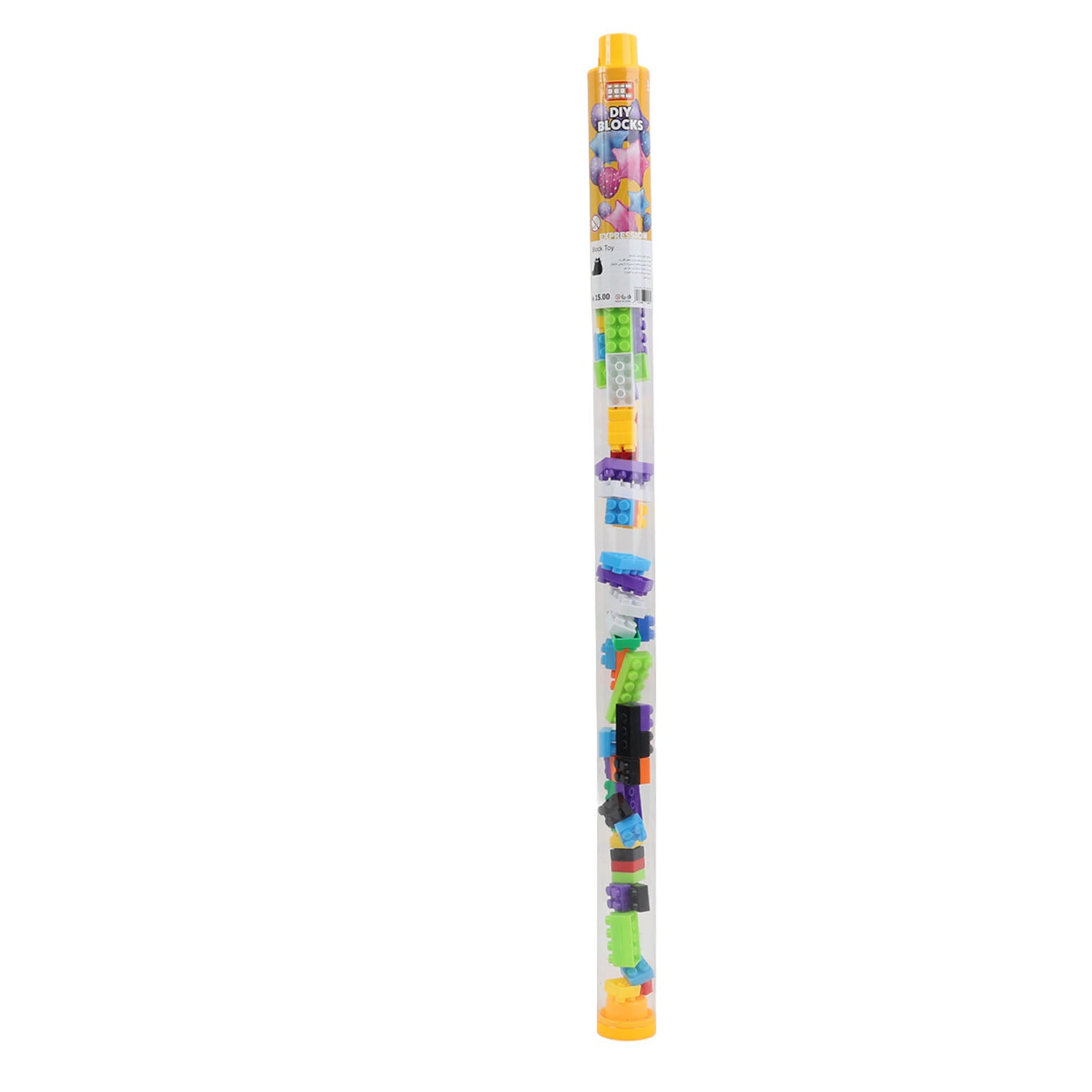 Medium building sticks set, clear tube with assorted colorful pieces and yellow cap.