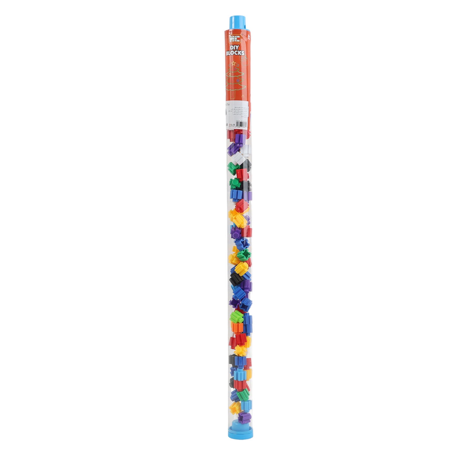 Medium building sticks set, clear tube with assorted colorful pieces and blue cap.