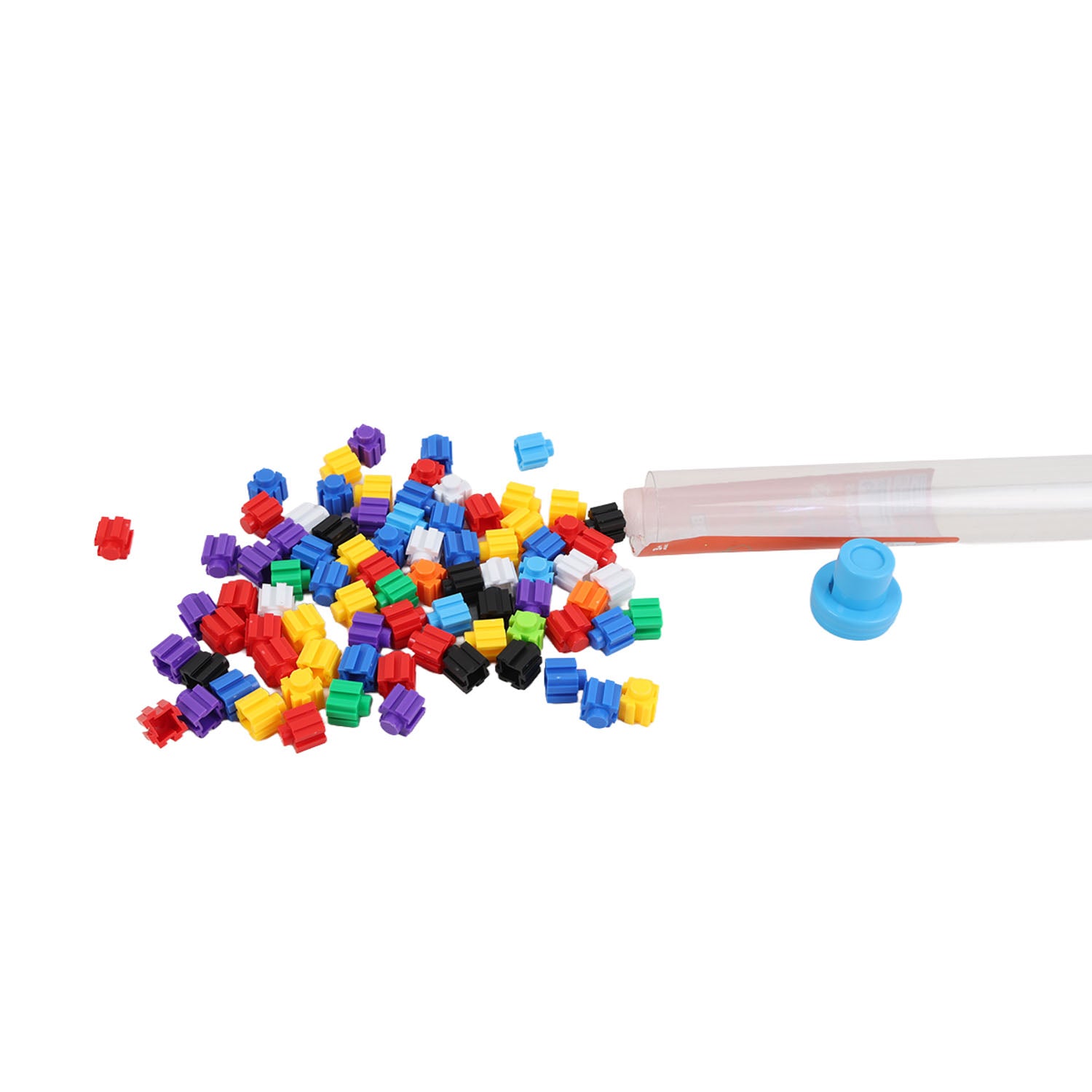 Assorted colorful building sticks, loose pieces with a small plastic cap accessory.