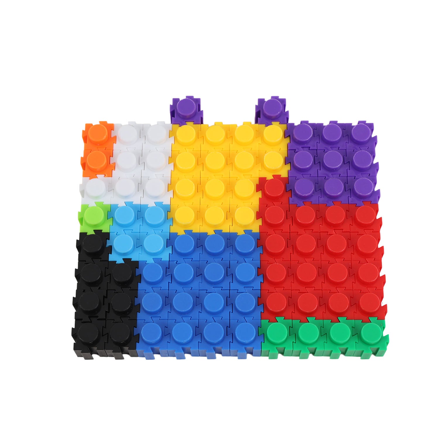 Colorful block mosaic panel with raised studs in blue, red, yellow, green, black, and purple.