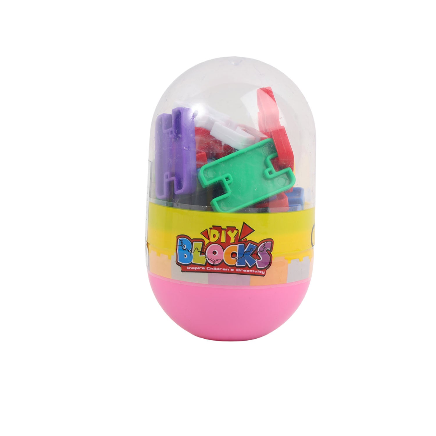 Small egg block set with purple, green and pink pieces in a clear egg shell