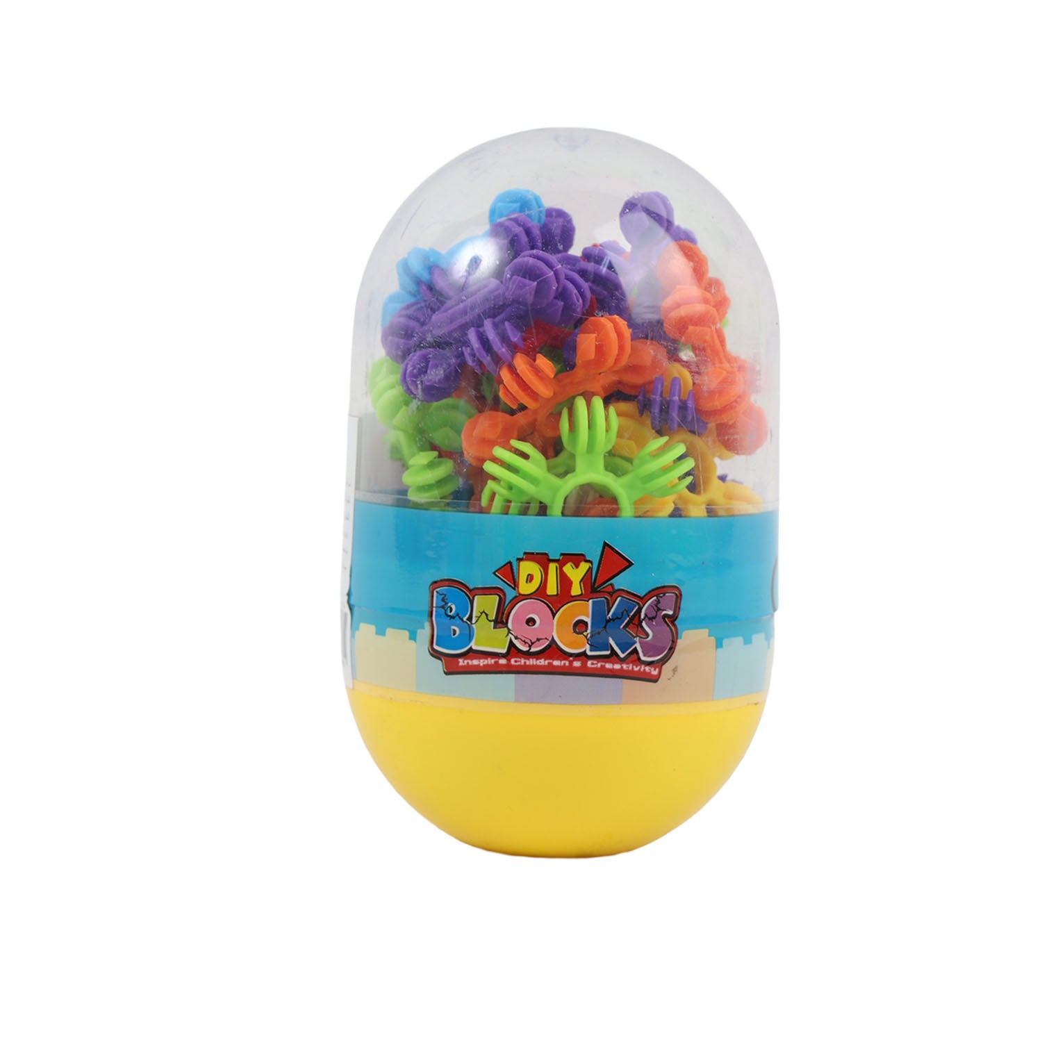 Small egg block set with purple, orange, green and yellow pieces in a clear egg shell