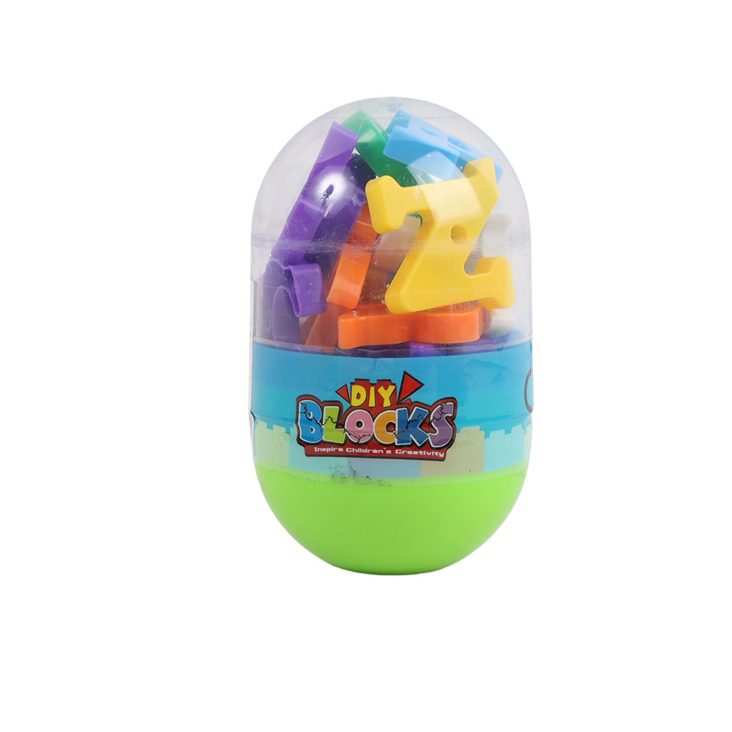 Small egg block set with purple, green, orange and yellow pieces in a clear egg shell