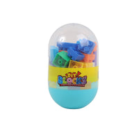 Small egg block set with blue, green and yellow pieces in a clear egg shell