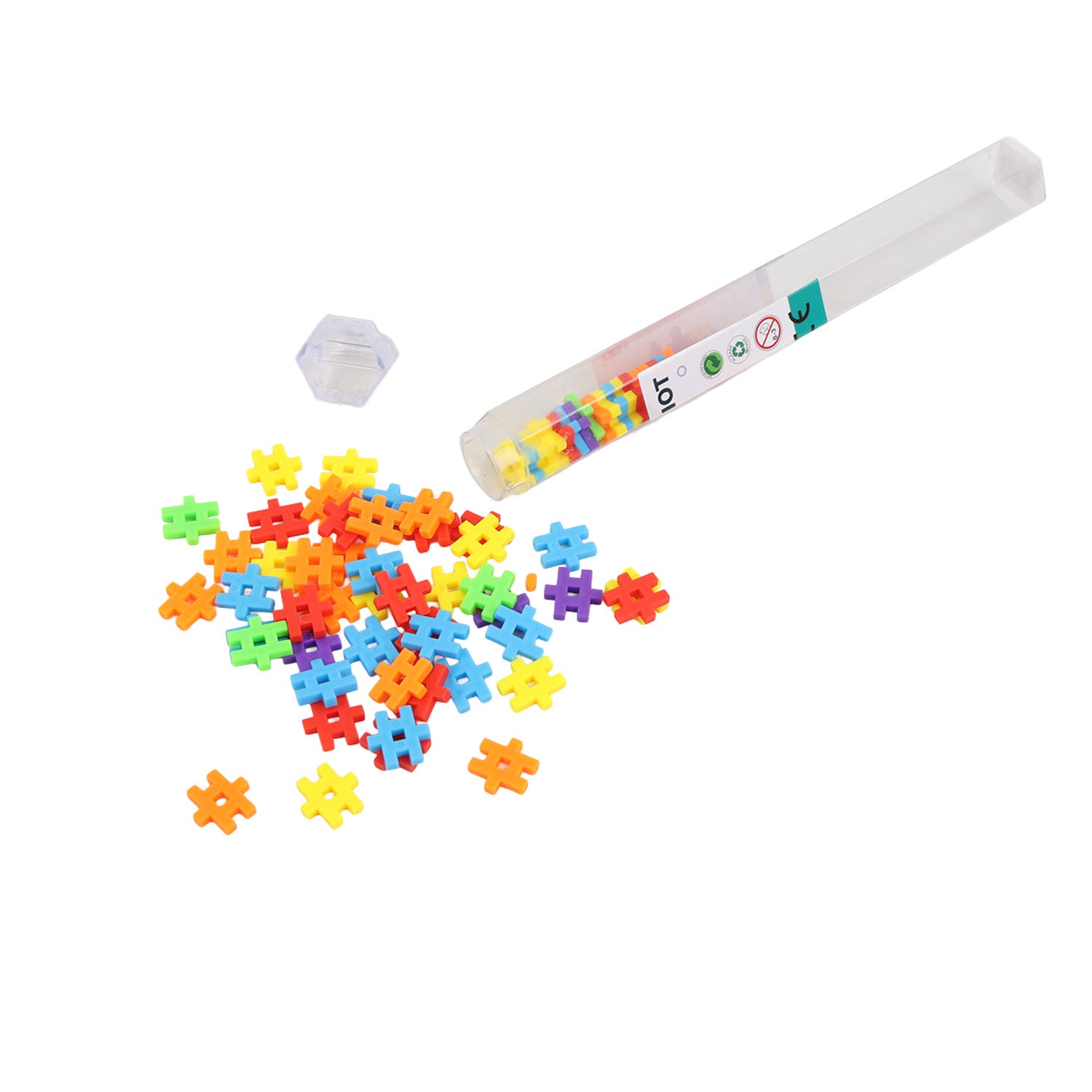 Mini building blocks, multicolor interlocking pieces scattered