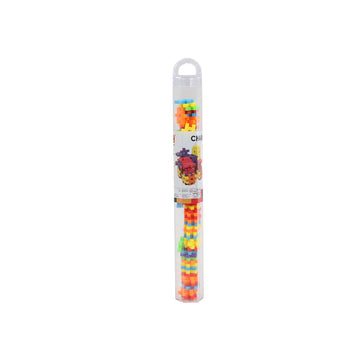 Mini building blocks set in clear plastic tube, multicolor pieces visible