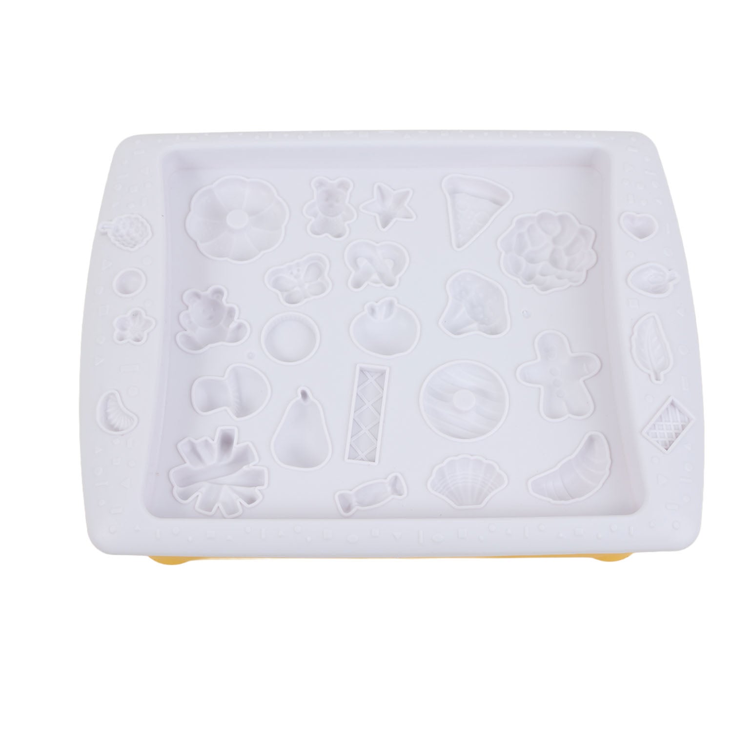 Cookie storage box tray with embossed cookie-shape cavities for molding
