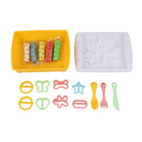 Cookie storage box with yellow tray of colorful clay and colorful cookie cutters