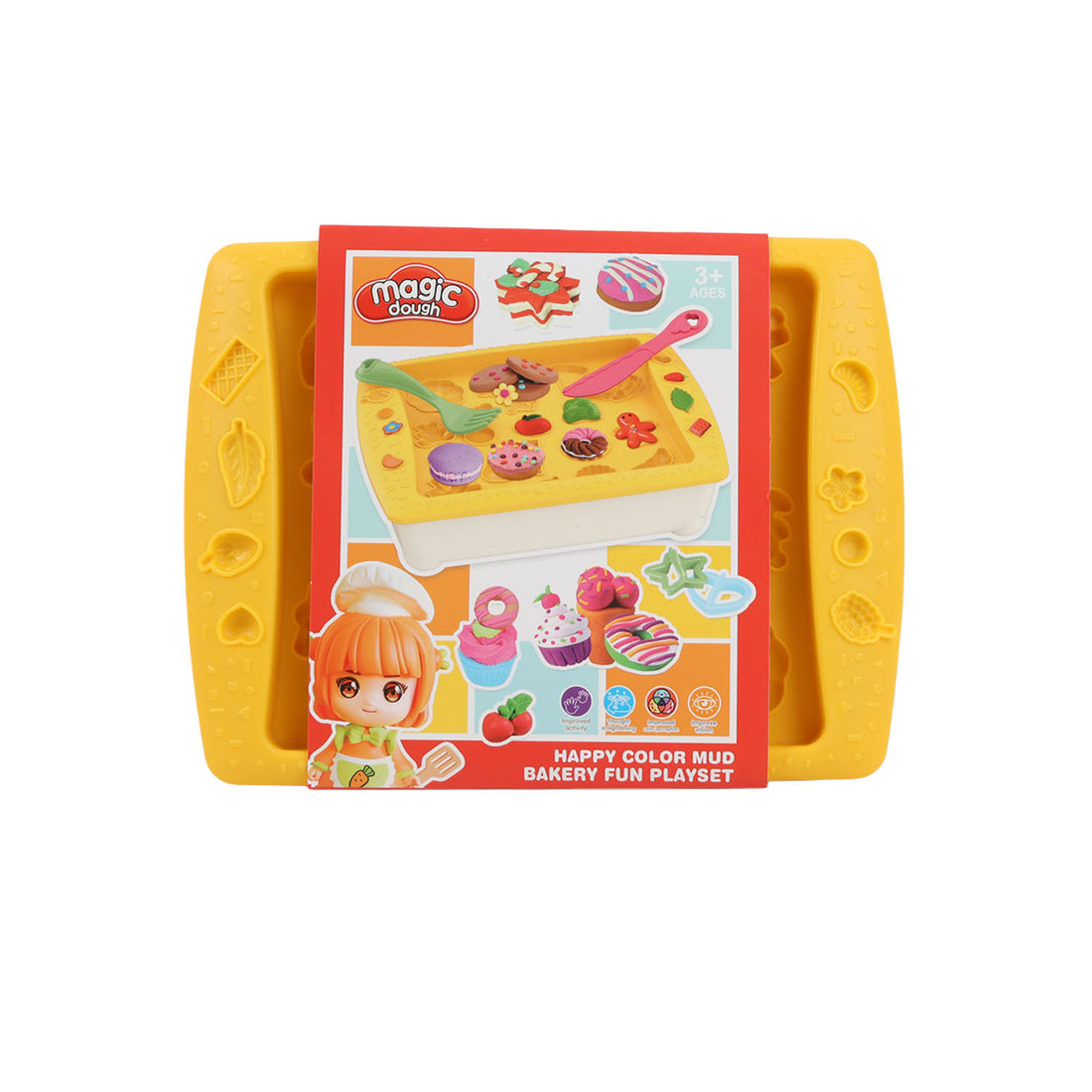 Play storage box with yellow tray and colorful dessert-themed play set packaging