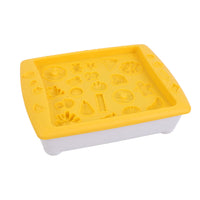 Yellow plastic play tray with molded animal shapes and raised compartments