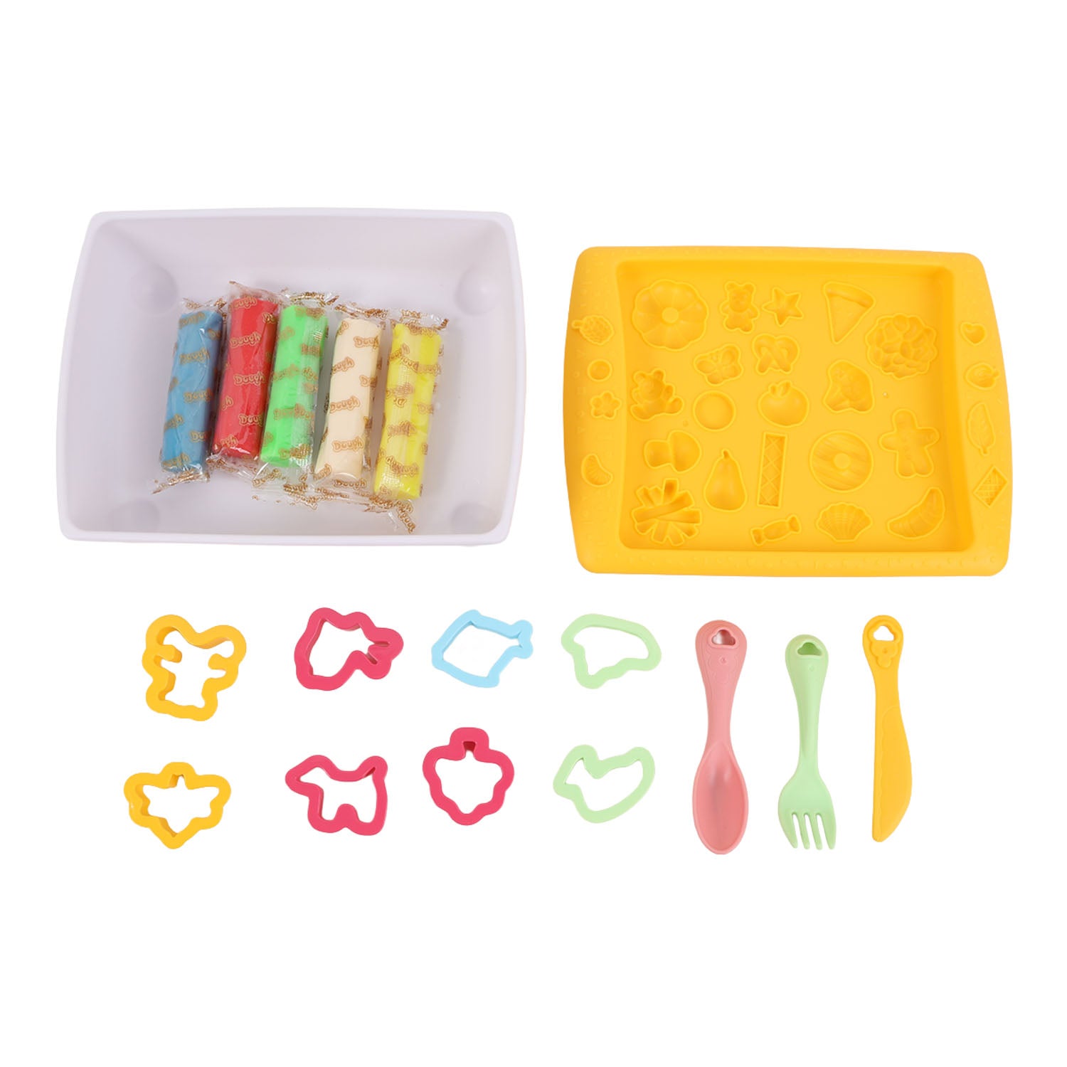 Play storage box with open white bin, yellow lid, dough packets, and colorful tools