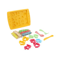 Yellow play storage lid with molded shapes, dough bags, and star and animal cutters