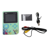 Handheld gaming console with mint case, colorful buttons, and included cables