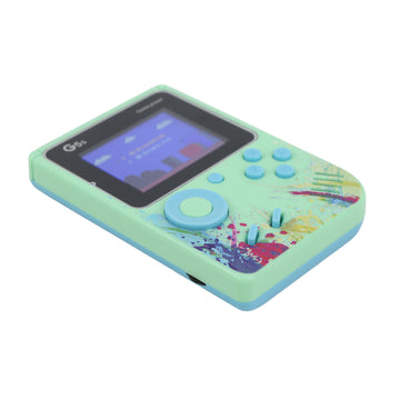 Handheld gaming console mint teal with screen and colorful thumb controls